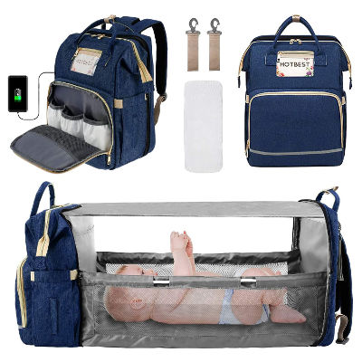Blue Diaper bag cum portable bed for baby boy