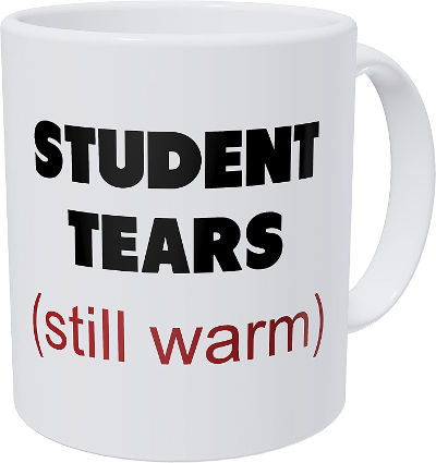 student tears coffee mug