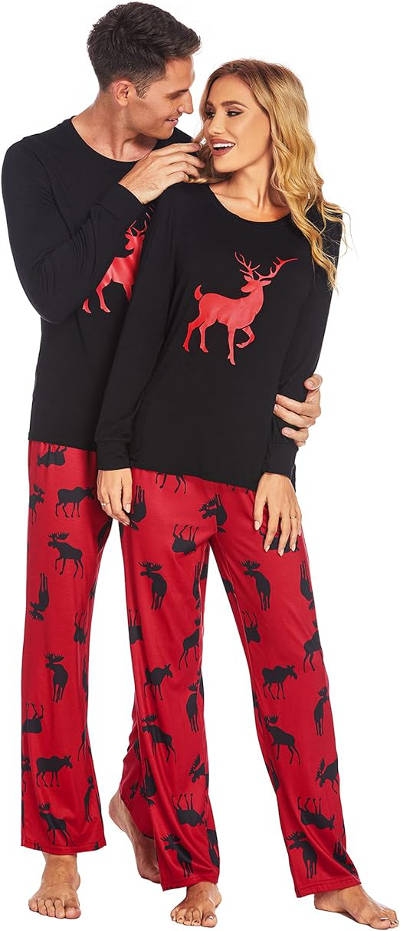 Reindeer - Red and Black - Christmas Pajamas for couples