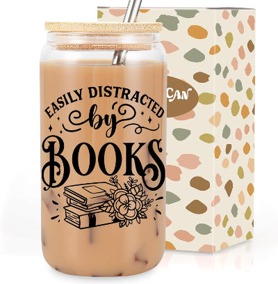 bookish glass tumbler 'easily distracted by books'
