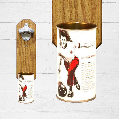 Wall Mounted Bottle Opener with Vintage PBA Bowling Beer Can Cap Catcher